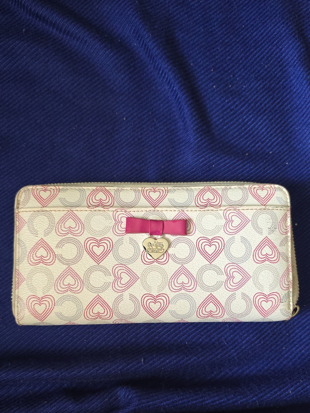 Coach White Zip Wallet with Pink Heart Print and Pink Bow